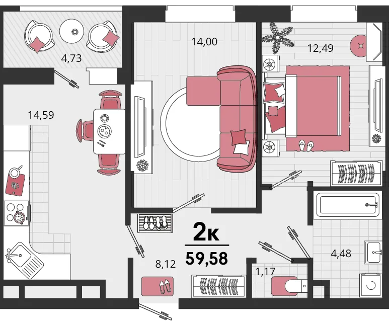 Планировка 2-комн. квартира, 59.58 м² ЖК «Родные просторы»