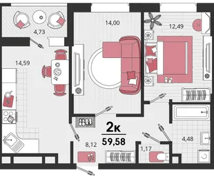 Планировка 2-комн. квартира, 59.58 м² ЖК «Родные просторы»