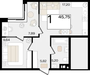 Планировка 1-комн. квартира, 45.75 м² ЖК «Патрики»