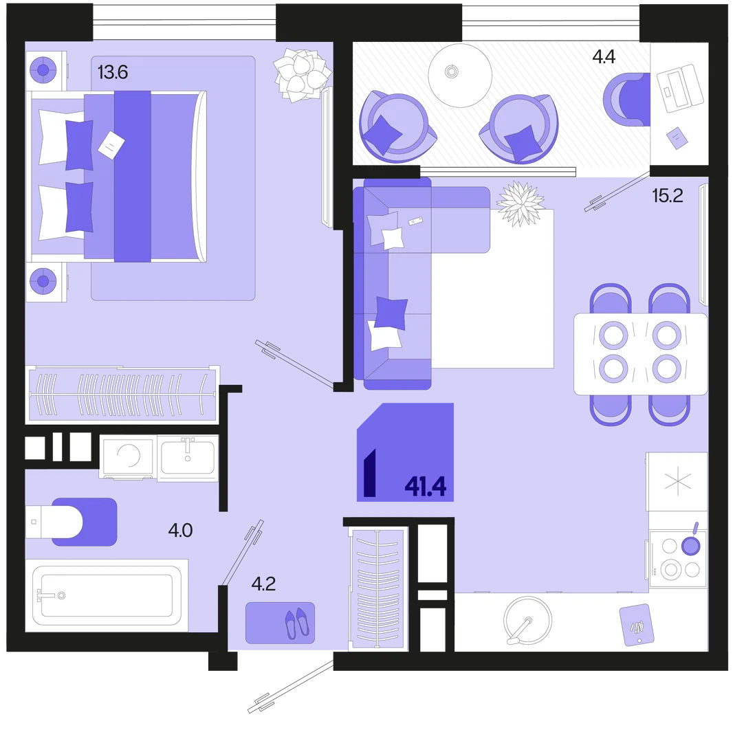 Планировка 1-комн. квартира, 41.4 м² ЖК «Первое место»