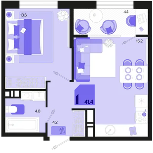 Планировка 1-комн. квартира, 41.4 м² ЖК «Первое место»