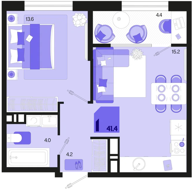 Планировка 1-комн. квартира, 41.4 м² ЖК «Первое место» Планировка 1-комн. квартира, 41.4 м² ЖК «Первое место»