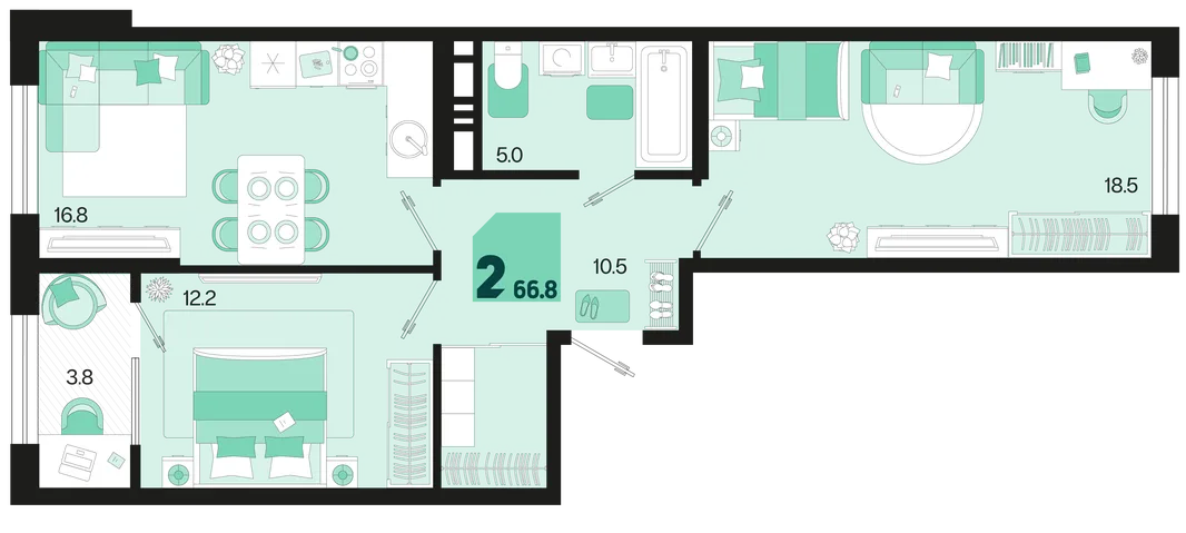 Планировка 2-комн. квартира, 66.8 м² ЖК «Первое место»