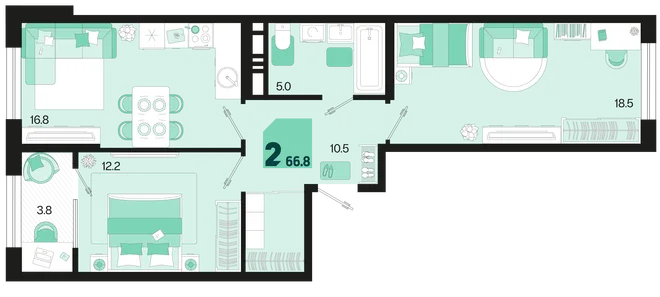 Планировка 2-комн. квартира, 66.8 м² ЖК «Первое место» Планировка 2-комн. квартира, 66.8 м² ЖК «Первое место»