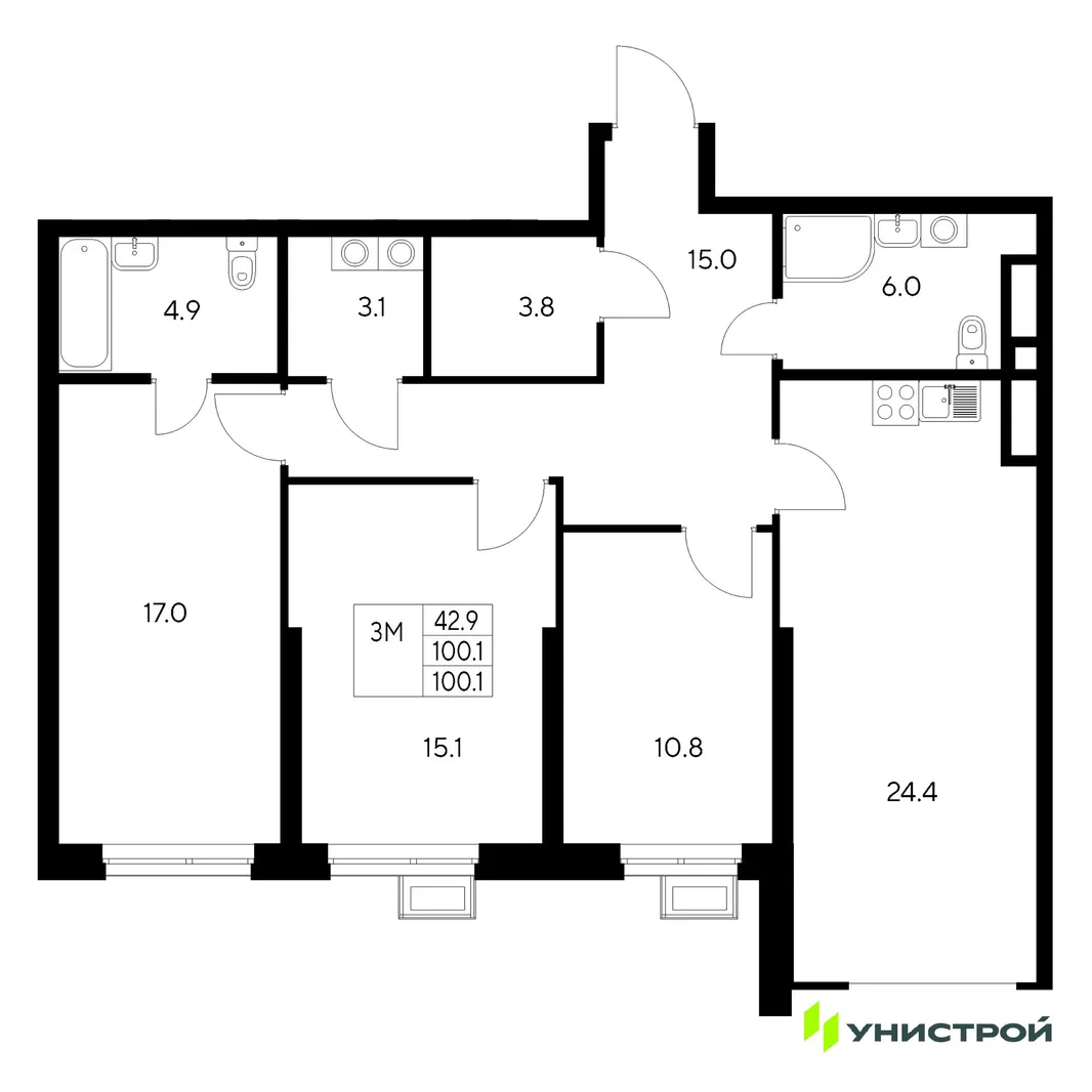 Планировка 3-комн. квартира, 100.1 м² ЖК «Стадиум»