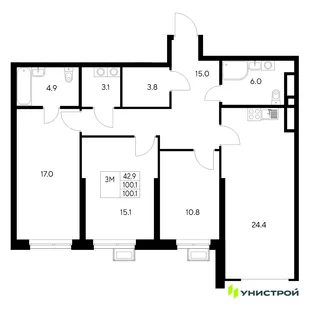Планировка 3-комн. квартира, 100.1 м² ЖК «Стадиум»