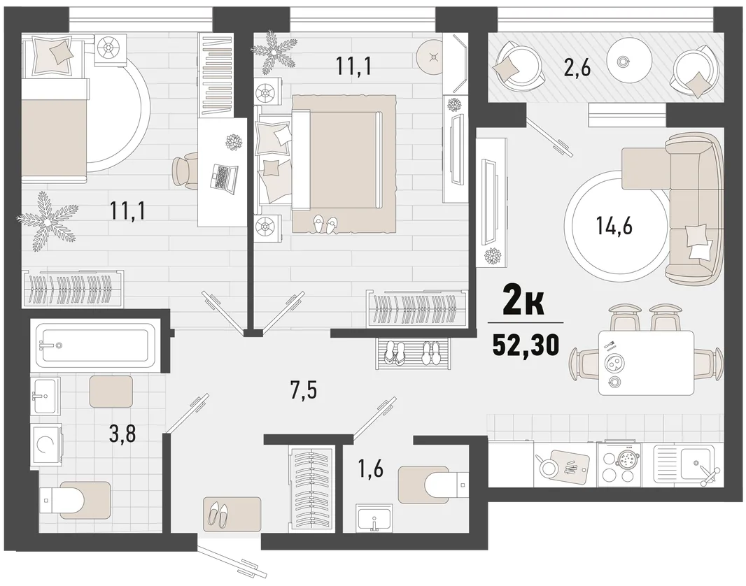Планировка 2-комн. квартира, 52.3 м² ЖК «Барса»
