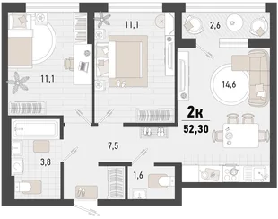Планировка 2-комн. квартира, 52.3 м² ЖК «Барса»