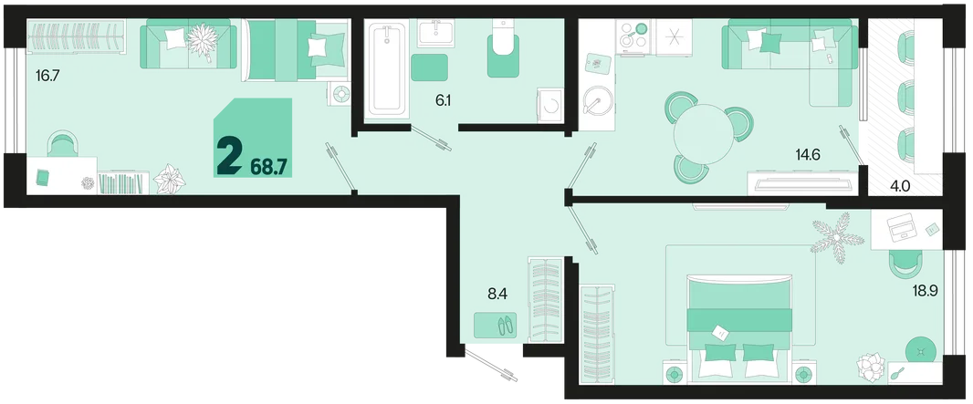 Планировка 2-комн. квартира, 68.7 м² ЖК «Первое место»