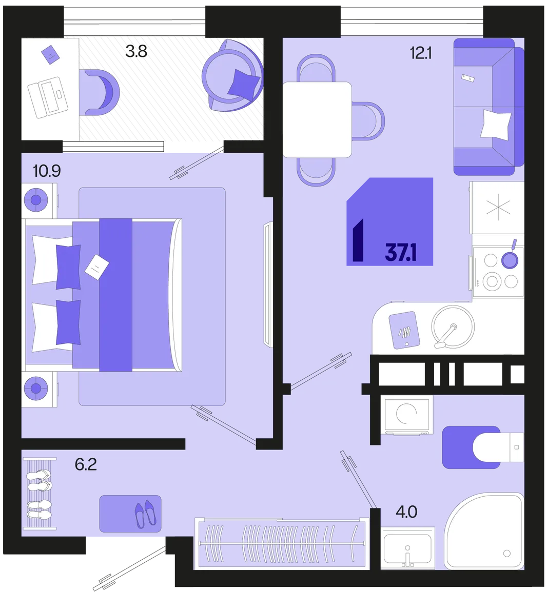 Планировка 1-комн. квартира, 37.1 м² ЖК «Первое место»