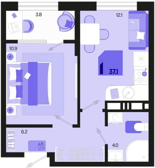 Планировка 1-комн. квартира, 37.1 м² ЖК «Первое место»