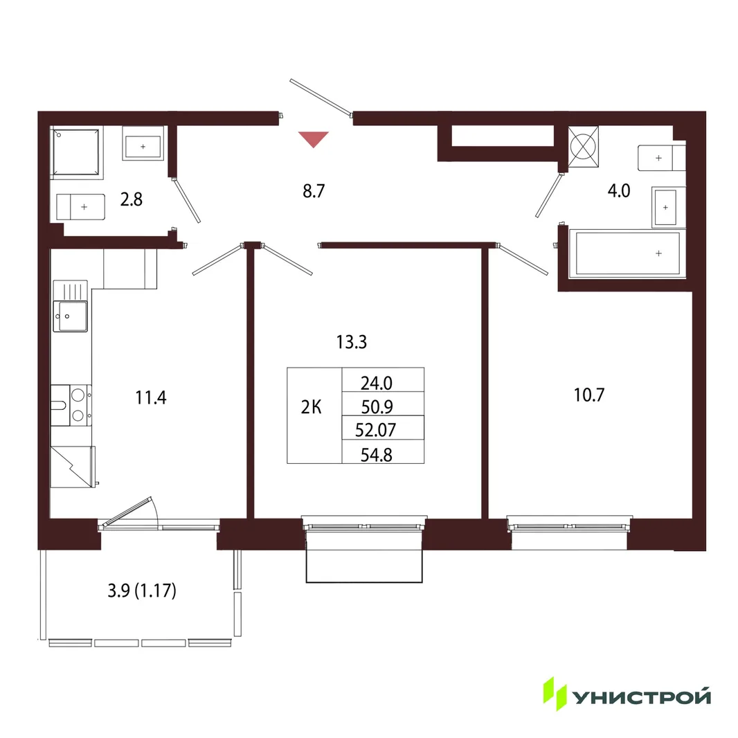 Планировка 2-комн. квартира, 52.07 м² ЖК «Лисино»