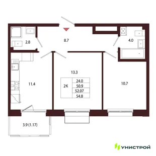 Планировка 2-комн. квартира, 52.07 м² ЖК «Лисино»