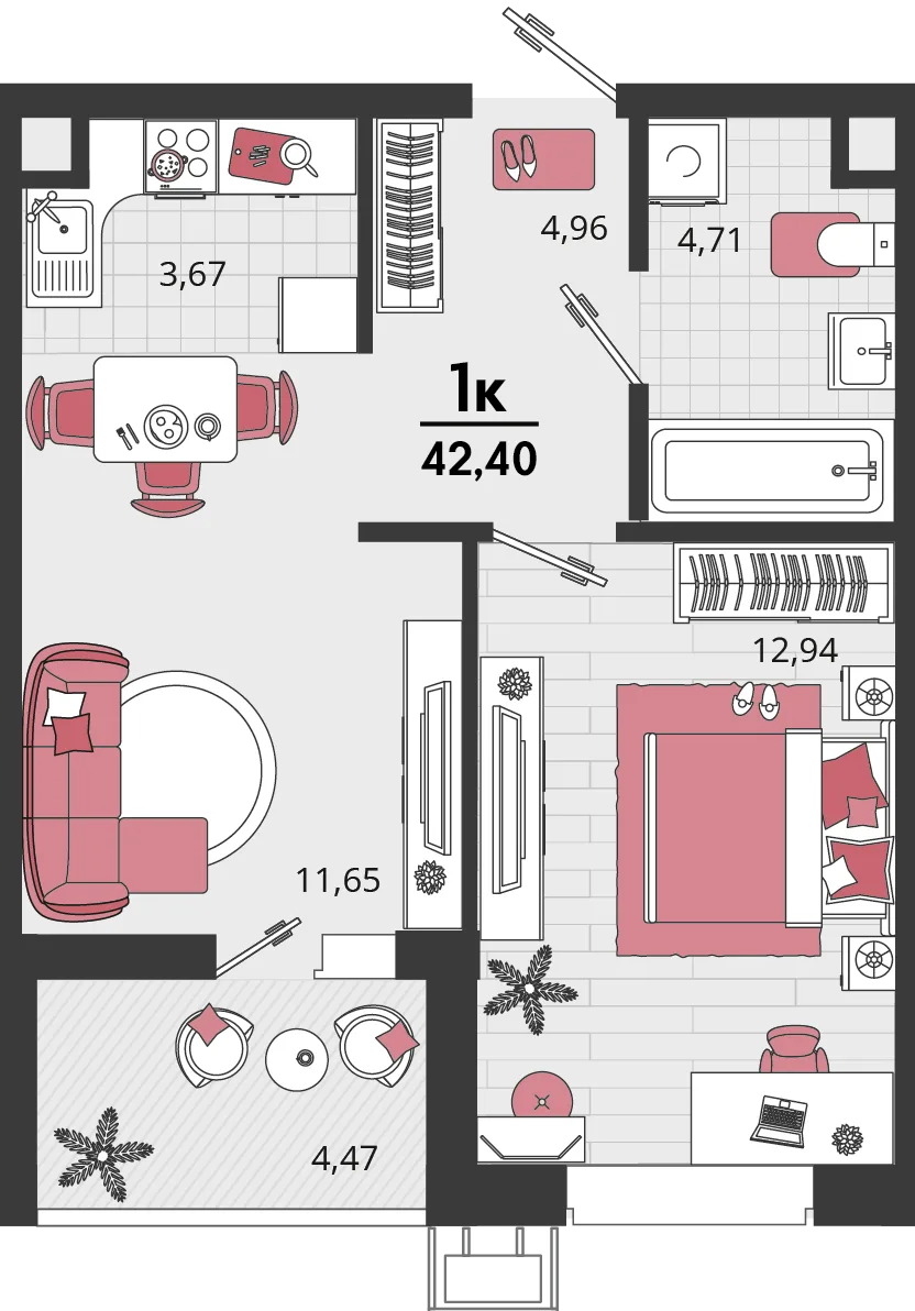 Планировка 2-комн. квартира, 42.4 м² ЖК «Родные просторы»