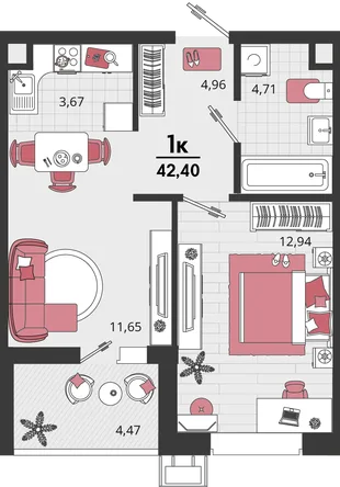 Планировка 2-комн. квартира, 42.4 м² ЖК «Родные просторы»