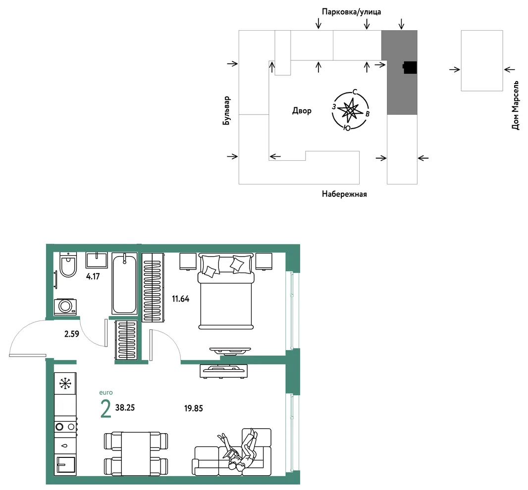 Планировка 2-комн. квартира, 38.25 м² ЖК «Европейский берег 2.0»