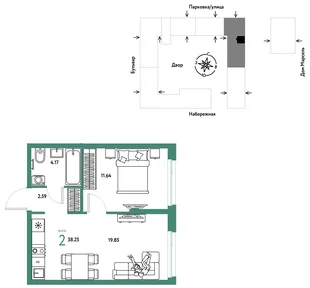 Планировка 2-комн. квартира, 38.25 м² ЖК «Европейский берег 2.0»
