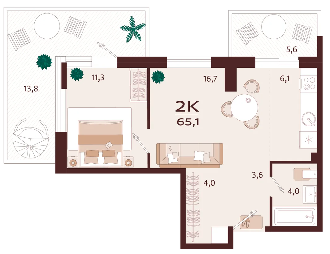 Планировка 2-комн. квартира, 65.1 м² ЖК «Роялта»
