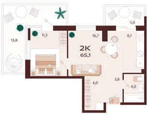 Планировка 2-комн. квартира, 65.1 м² ЖК «Роялта»