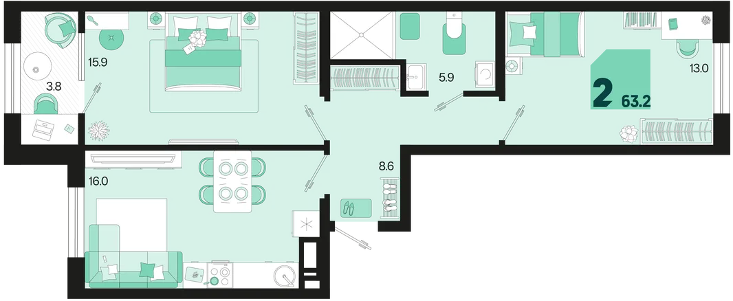 Планировка 2-комн. квартира, 63.2 м² ЖК «Первое место»