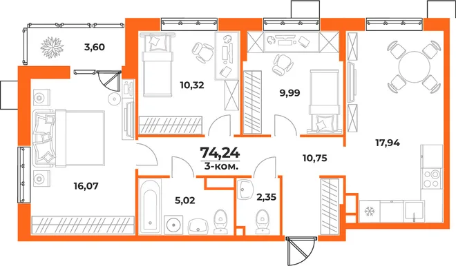 Планировка 3-комн. квартира, 74.24 м² ЖК «Живописный сад» Планировка 3-комн. квартира, 74.24 м² ЖК «Живописный сад»