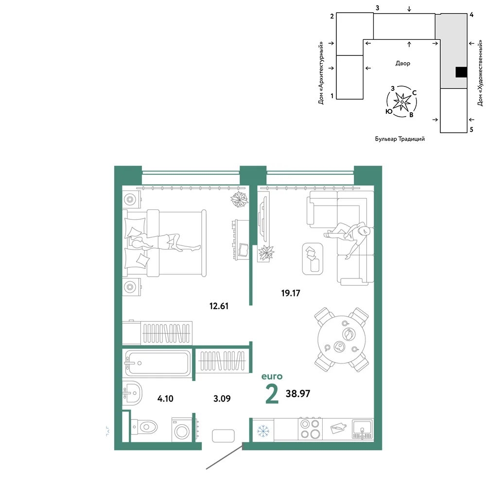 Планировка 2-комн. квартира, 38.97 м² ЖК «Микрорайон Домашний»