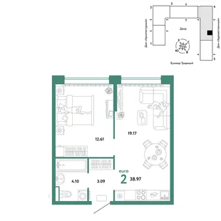 Планировка 2-комн. квартира, 38.97 м² ЖК «Микрорайон Домашний»