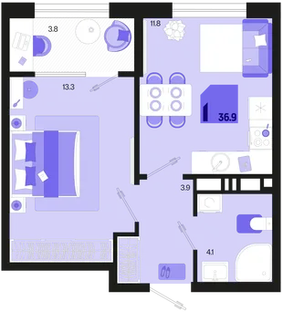 Планировка 1-комн. квартира, 36.9 м² ЖК «Первое место»