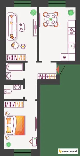 Планировка 2-комн. квартира, 61.38 м² ЖК «Южный бульвар 2»