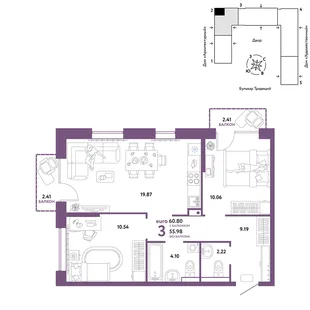 Планировка 3-комн. квартира, 60.8 м² ЖК «Микрорайон Домашний»