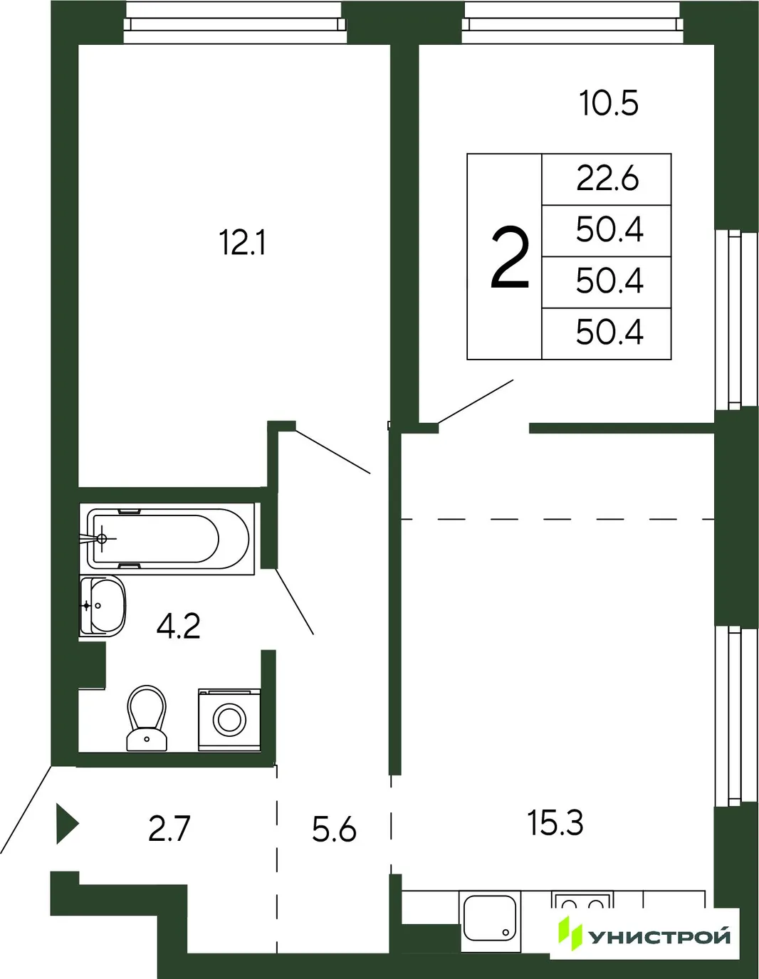 Планировка 2-комн. квартира, 50.4 м² ЖК «Парковый квартал 2.0»