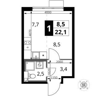 Планировка Студия, 22.1 м² ЖК «1-й Шереметьевский»