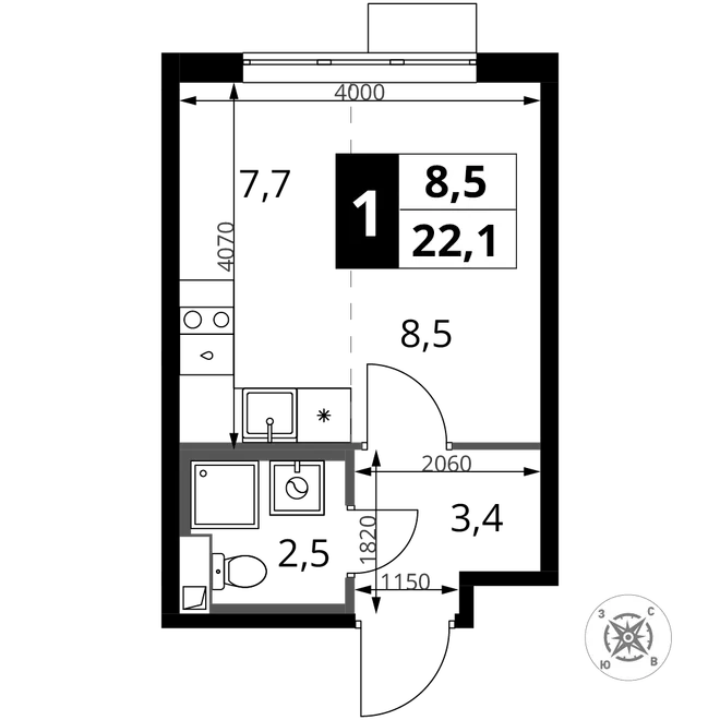 Планировка Студия, 22.1 м² ЖК «1-й Шереметьевский» Планировка Студия, 22.1 м² ЖК «1-й Шереметьевский»
