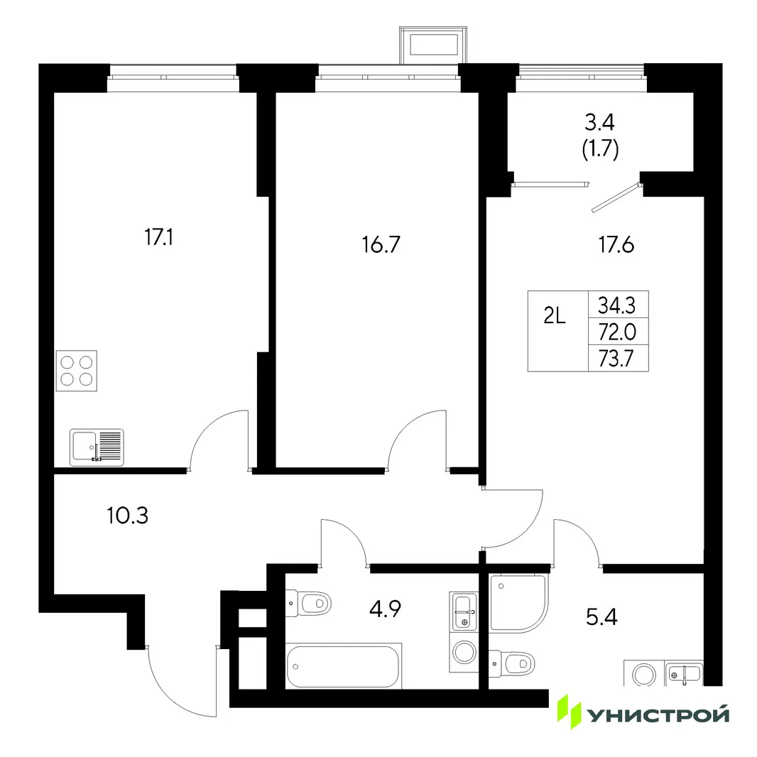 Планировка 2-комн. квартира, 73.7 м² ЖК «Стадиум»