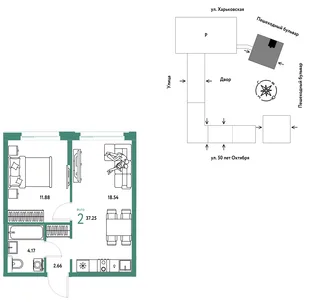 Планировка 2-комн. квартира, 37.25 м² ЖК «Сердце Сибири»