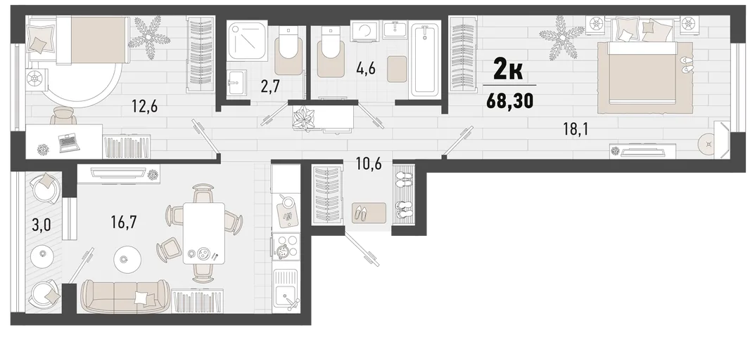 Планировка 2-комн. квартира, 68.3 м² ЖК «Барса»