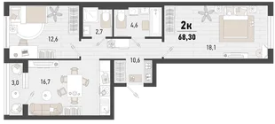 Планировка 2-комн. квартира, 68.3 м² ЖК «Барса»