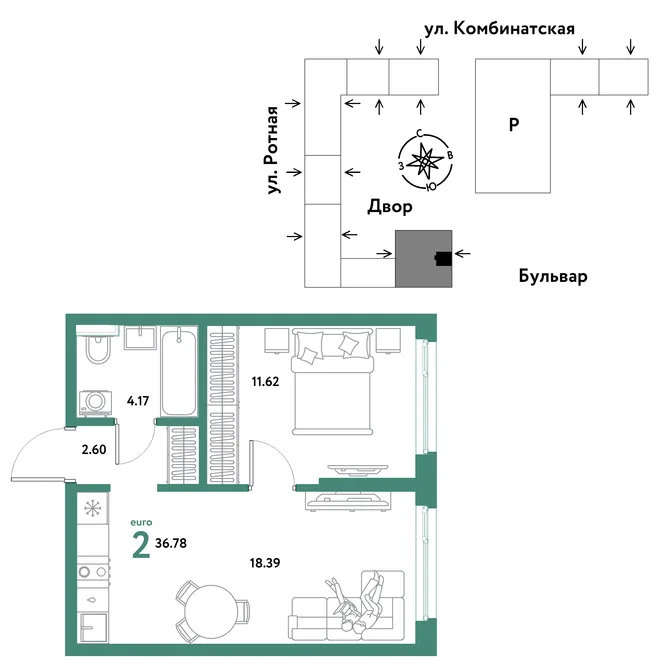 Планировка 2-комн. квартира, 36.78 м² ЖК «Уральский сад» Планировка 2-комн. квартира, 36.78 м² ЖК «Уральский сад»