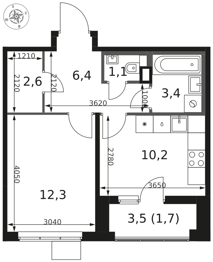 Планировка 1-комн. квартира, 37.7 м² ЖК «1-й Химкинский»