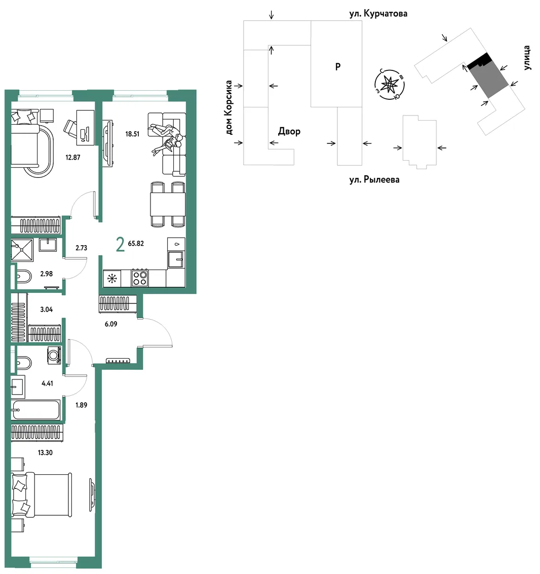 Планировка 2-комн. квартира, 66.26 м² ЖК «Остров-сад»