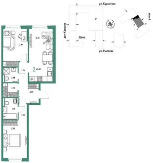 Планировка 2-комн. квартира, 66.26 м² ЖК «Остров-сад»