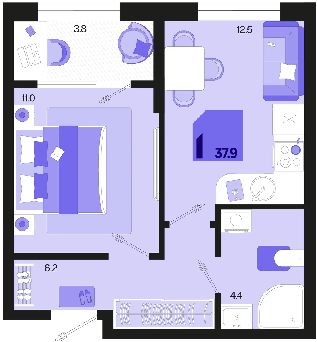 Планировка 1-комн. квартира, 37.9 м² ЖК «Первое место»