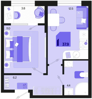 Планировка 1-комн. квартира, 37.9 м² ЖК «Первое место»