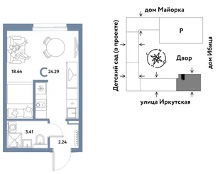 Планировка Студия, 24.29 м² ЖК «Остров-сад»