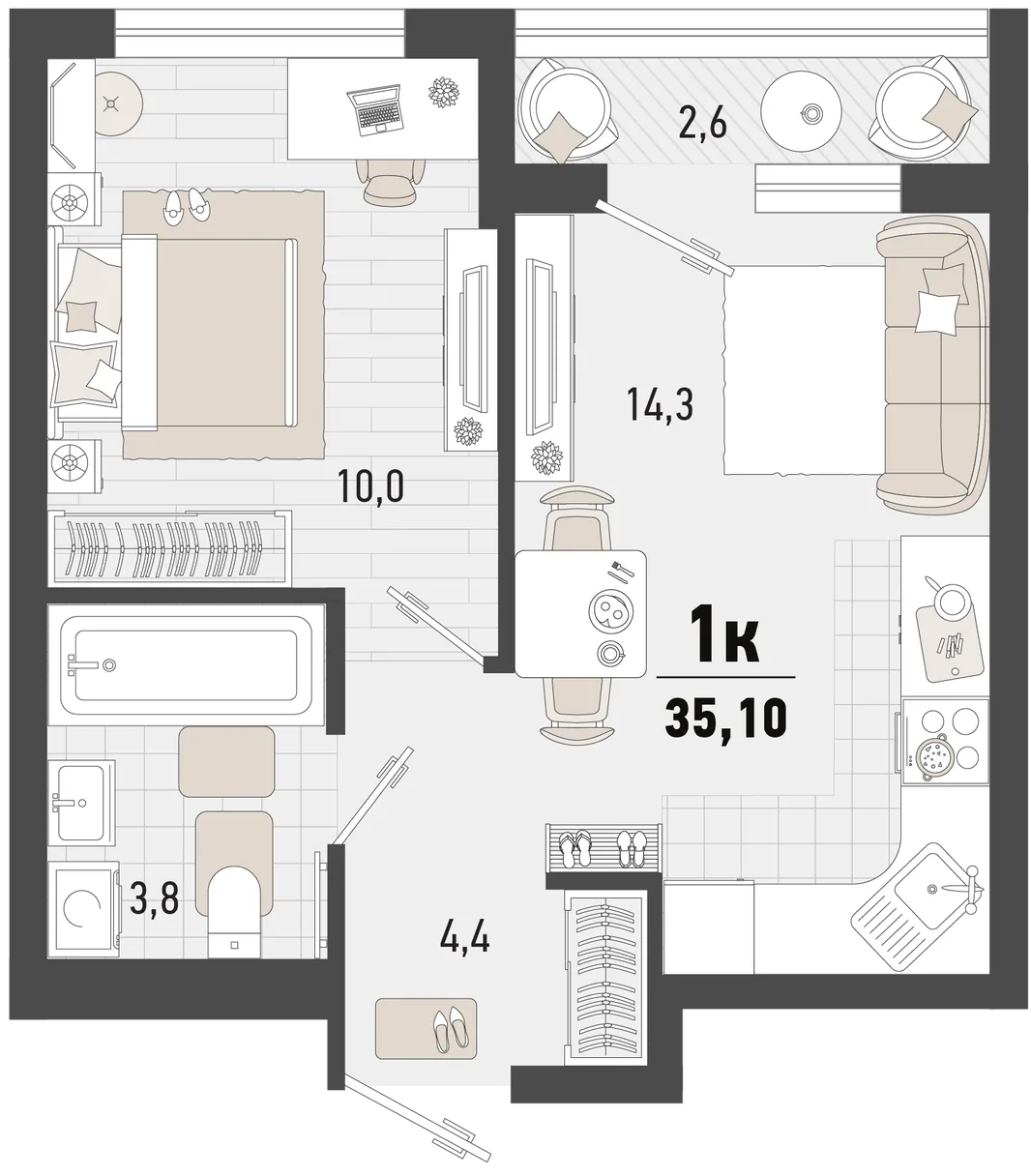 Планировка 1-комн. квартира, 35.1 м² ЖК «Барса»
