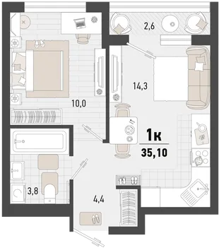 Планировка 1-комн. квартира, 35.1 м² ЖК «Барса»