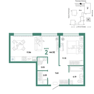 Планировка 2-комн. квартира, 44.92 м² ЖК «Сердце Сибири»