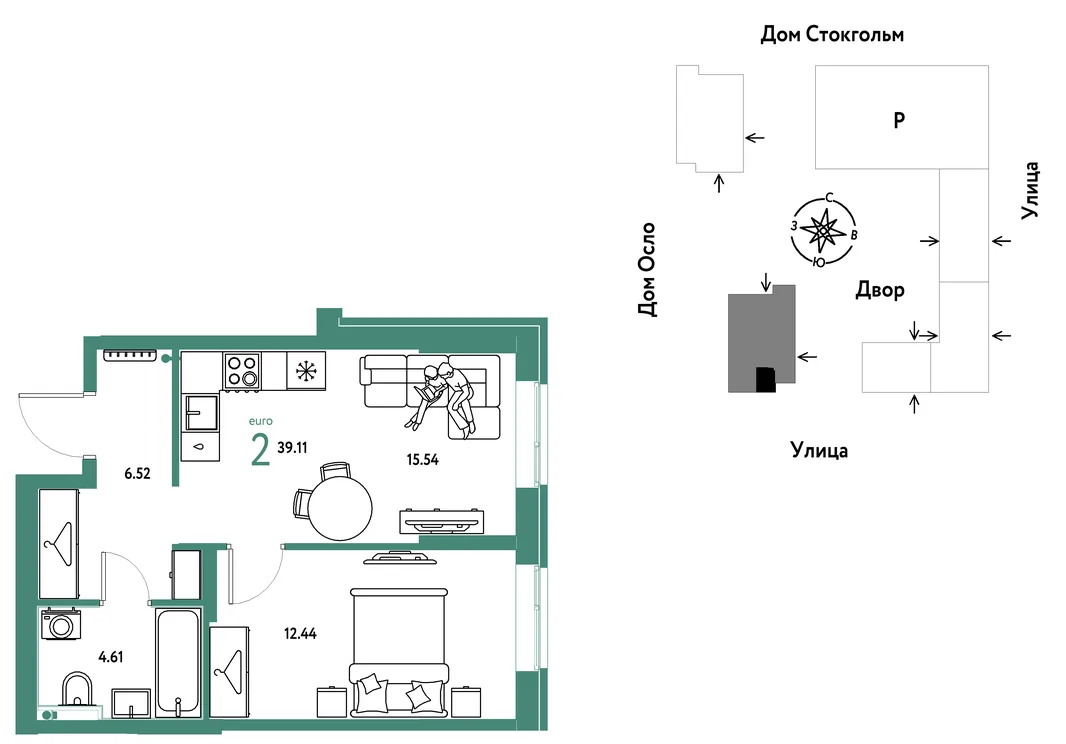 Планировка 2-комн. квартира, 39.11 м² ЖК «Европейский берег 2.0»