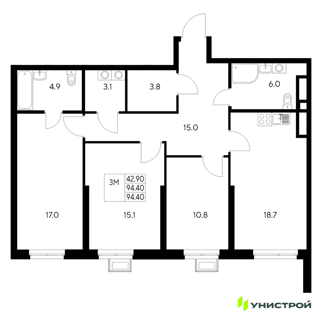 Планировка 3-комн. квартира, 94.4 м² ЖК «Стадиум»