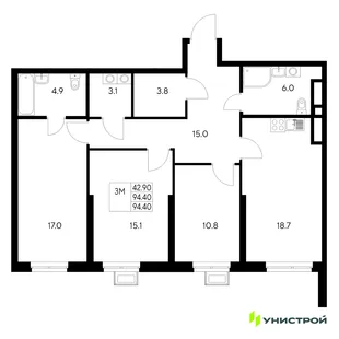 Планировка 3-комн. квартира, 94.4 м² ЖК «Стадиум»